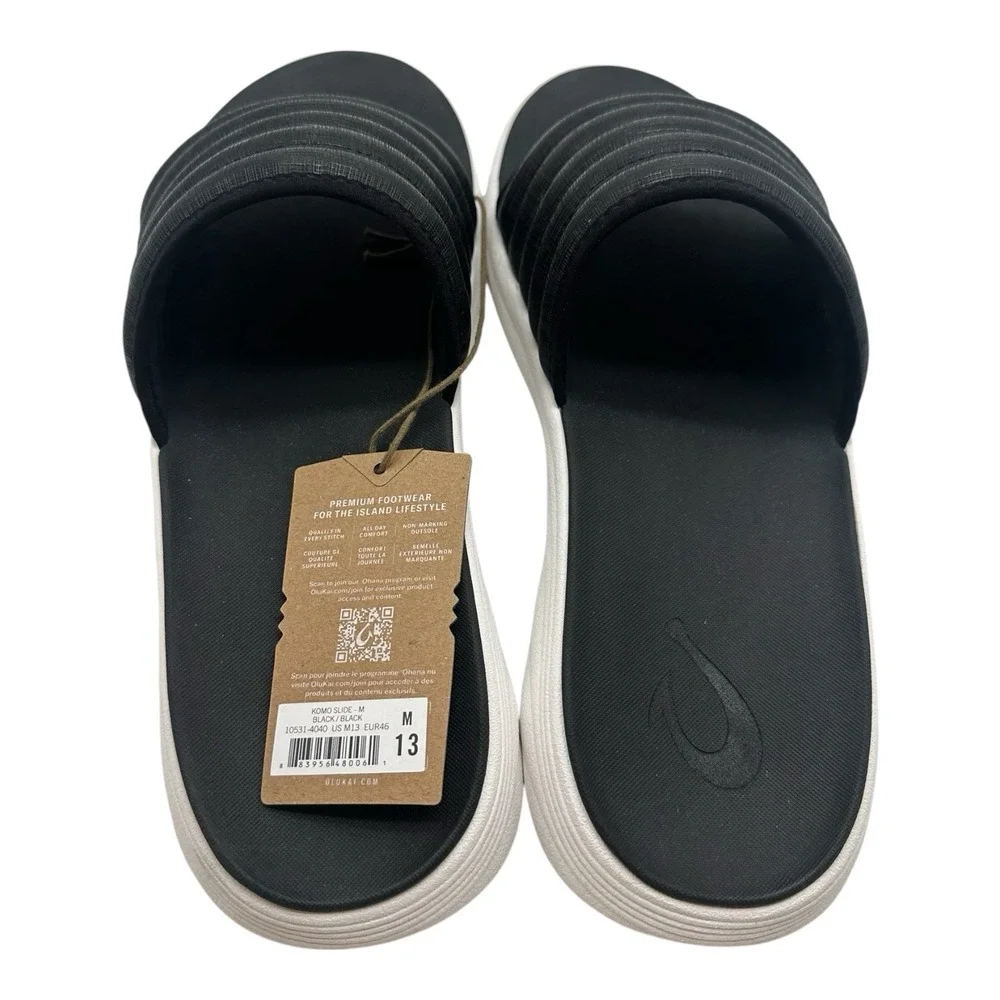 Olukai Komo Slides Men's Size 13 Black White Cushioned Beach Sandals Slip On NWT